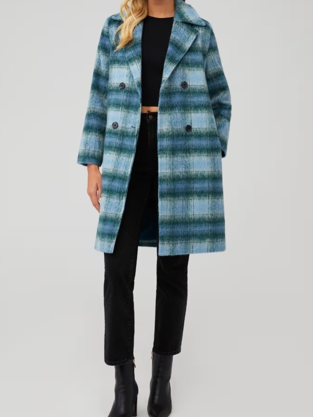 MinkPink Blue-Green Plaid Double-Breasted Pea Coat Size XS NWOT